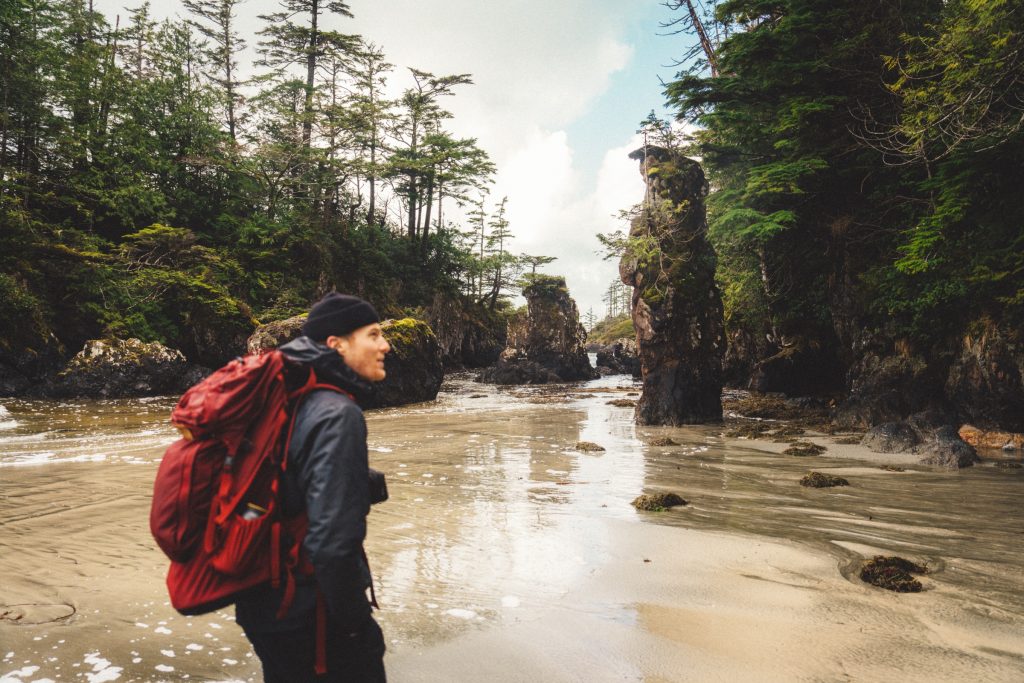 A person on a beach with sea stacks and trees in the background